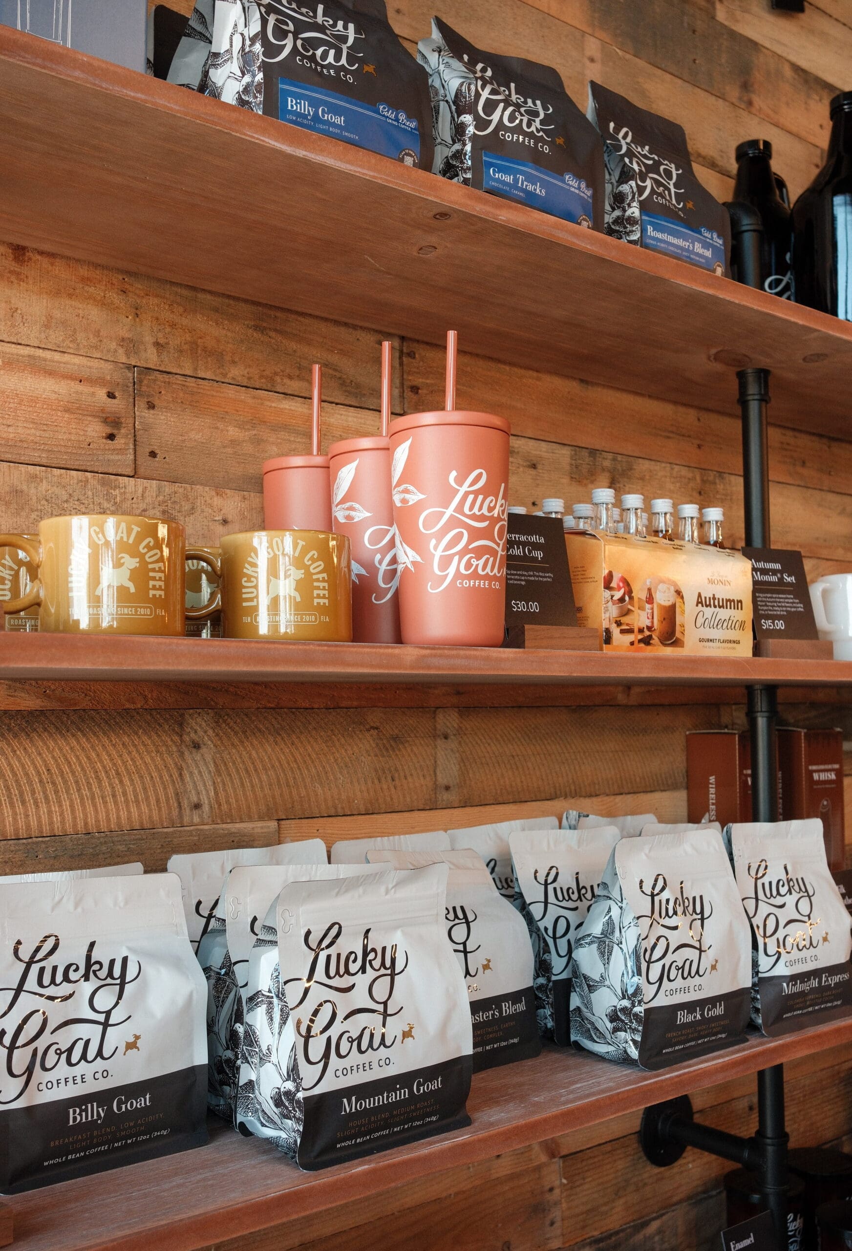 merchandise at lucky goat coffee Destin Florida 